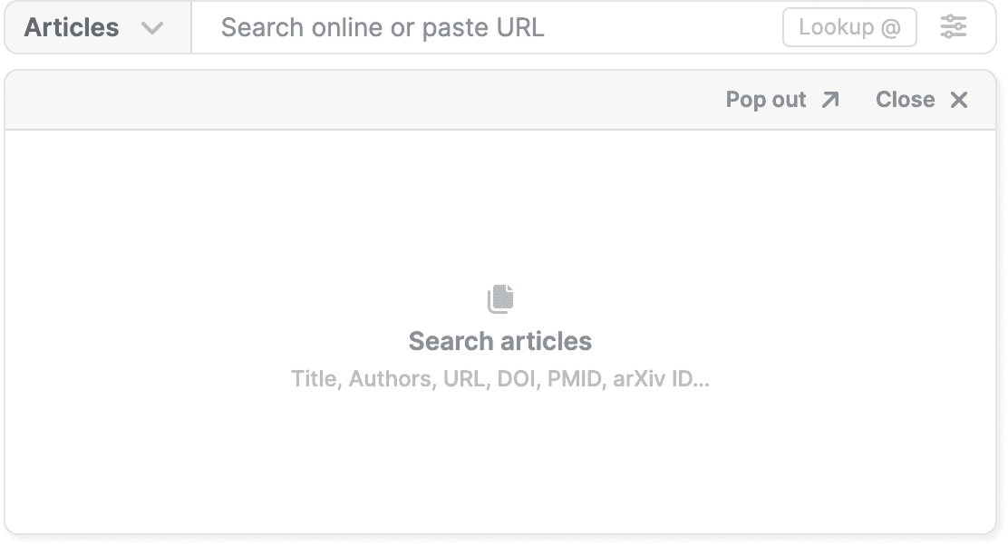 The Search online panel with an Articles selector and a “Search online or paste URL” box, above an empty state reading “Search articles — Title, Authors, URL, DOI, PMID, arXiv ID…”, with “Pop out” and Close controls.
